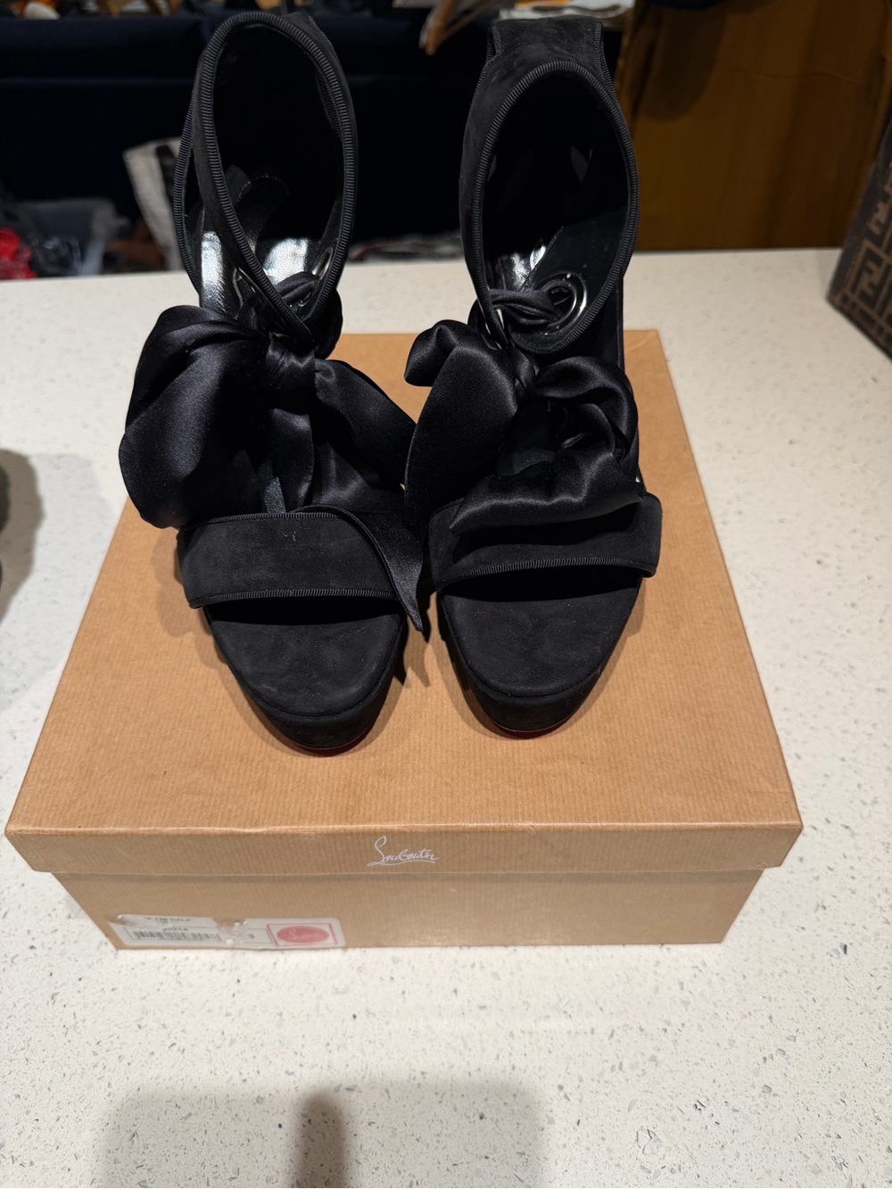 Christian Louboutin Black Torrida Alta 150 Suede Satin Bow Platform Sandals